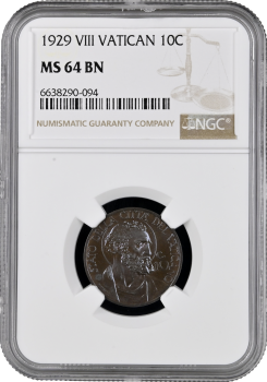 Ватикан 10 чентезимо 1929 г., NGC MS64 BN, "Папа Пий XI (1929 - 1938)"