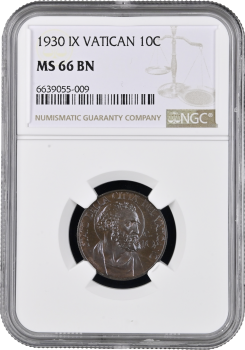 Ватикан 10 чентезимо 1930 г., NGC MS66 BN, "Папа Пий XI (1929 - 1938)" Top Pop 1/0