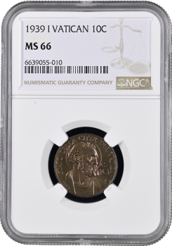 Ватикан 10 чентезимо 1939 г., NGC MS66, "Папа Пий XII (1939 - 1958)" Top Pop 3/0