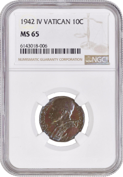 Ватикан 10 чентезимо 1942 г., NGC MS65, "Папа Пий XII (1939 - 1958)"
