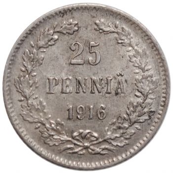 Финляндия 25 пенни 1916 г. S, XF, "Император Николай II (1895 - 1917)"