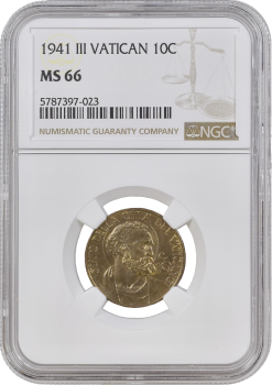 Ватикан 10 чентезимо 1941 г., NGC MS66, "Папа Пий XII (1939 - 1958)"