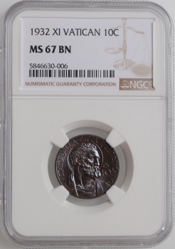 Ватикан 10 чентезимо 1932 г., NGC MS67, "Папа Пий XI (1929 - 1938)"