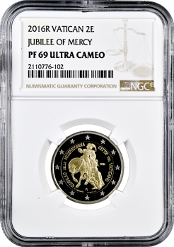 Ватикан 2 евро 2016 г., NGC PF69 UC, "Год милосердия" Top Pop