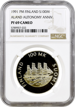Финляндия 100 марок 1991 г., NGC PF69 CAMEO, "70 лет автономии Аландских островов" Top Pop