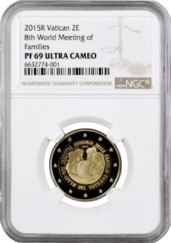 Ватикан 2 евро 2015 г., NGC PF69 UC, "8-я Всемирная встреча семей" Top Pop