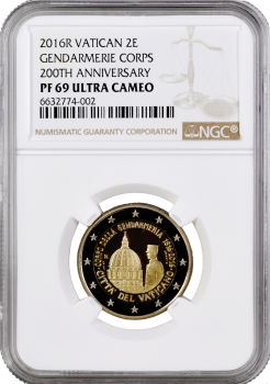 Ватикан 2 евро 2016 г., NGC PF69 UC, "200 лет Папской жандармерии" Top Pop