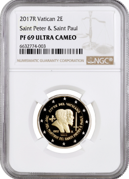 Ватикан 2 евро 2017 г., NGC PF69 UC, "1950 лет мученичеству Святого Петра и Святого Павла" Top Pop