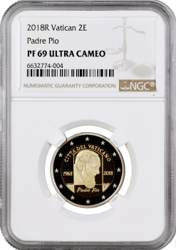 Ватикан 2 евро 2018 г., NGC PF69 UC, "50 лет со дня смерти Падре Пио"