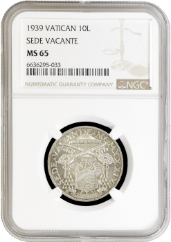 Ватикан 10 лир 1939 г., NGC MS65, "Вакантный престол"