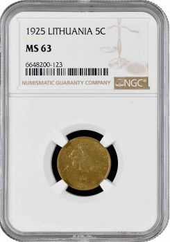 Литва 1 цент 1925 г., NGC MS63, "Литва 5 центов 1925 г., NGC MS63, "Первая Республика (1925 - 1938)"Первая Республика (1925 - 1938)"