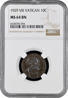 Ватикан 10 чентезимо 1929 г., NGC MS64 BN, "Папа Пий XI (1929 - 1938)"