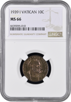 Ватикан 10 чентезимо 1939 г., NGC MS66, "Папа Пий XII (1939 - 1958)" Top Pop 3/0