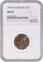 Ватикан 10 чентезимо 1942 г., NGC MS65, "Папа Пий XII (1939 - 1958)"