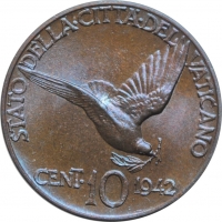 Ватикан 10 чентезимо 1942 г., NGC MS65, "Папа Пий XII (1939 - 1958)"