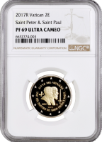 Ватикан 2 евро 2017 г., NGC PF69 UC, "1950 лет мученичеству Святого Петра и Святого Павла" Top Pop