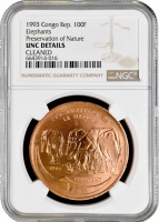 Республика Конго 100 франков 1993 г., NGC UNC Det., "Сохраним природу - Слон /Медь/"