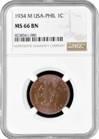 Филиппины 1 сентаво 1934 г. M, NGC MS66 BN, "Администрация США (1903 - 1945)" Top Pop 2/0